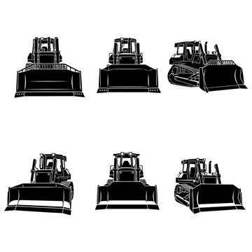 Bulldozer Set: Front, Side, and Angled Views - Black and White Silhouettes