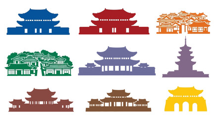 Obraz premium Colorful Korean Architecture Silhouettes: Palaces, Temples, and Traditional Houses
