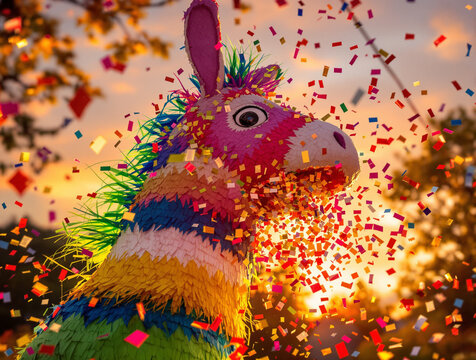 Dynamic Action Shot of Bursting Pi&ntilde;ata with Candies and Confetti Mid Air
