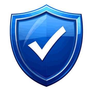 A glossy blue shield with a white checkmark, symbolizing security and approval