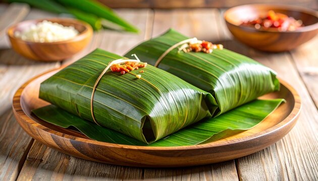 Two traditional food parcels wrapped in green banana leaves and tied with string, served on a wooden plate with condiments.