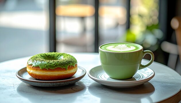 A delicious green matcha donut and a hot matcha latte served on a marble table in a cozy cafe setting.