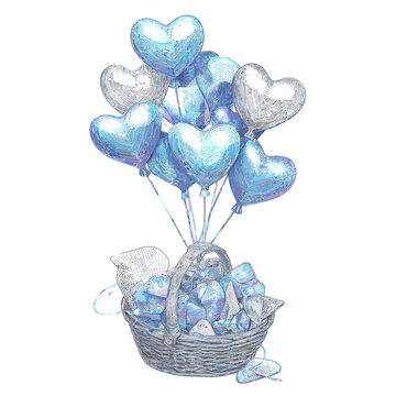 Bunch of light blue and white heart balloons float above woven basket