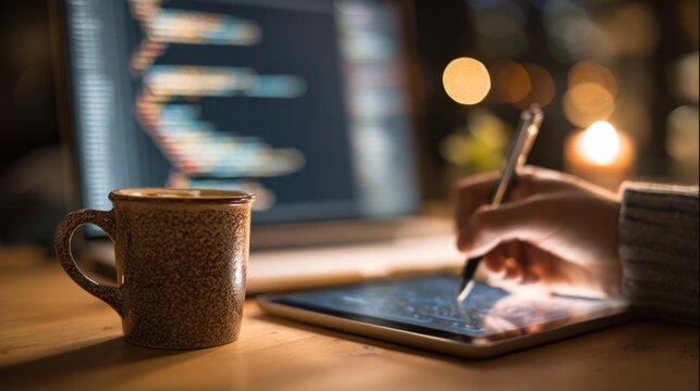 Focused shot of a programmer writing basic code on a tablet blurred workspace and coffee cup creating an intimate iOS app development environment.