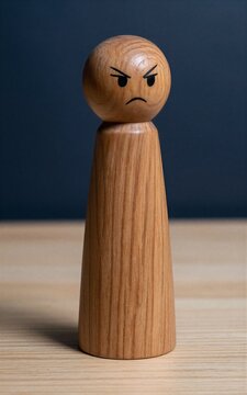 Wooden toy figure with angry face on a table against dark background.