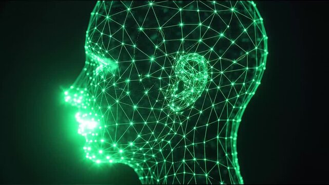 Forensic biometrics with glowing green wireframe human face, representing digital identity, security, data analysis, and advanced recognition for investigation.