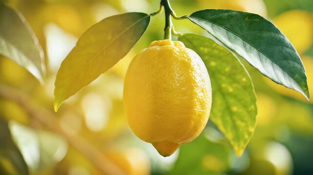 Closeup of a ripe yellow lemon hanging from a tree branch with green leaves.