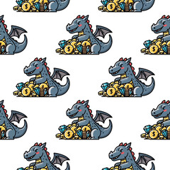 Cute Cartoon Dragon Guarding Pile of Gold Coins and Jewels. © Navi