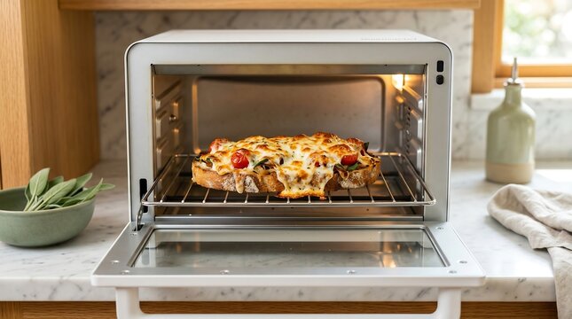 Freshly baked bruschetta with bubbling mozzarella cheese and tomatoes rests on a wire rack inside an open white electric oven