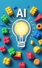 Obraz premium AI light bulb surrounded by colorful building blocks symbolizing