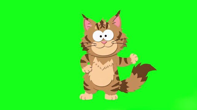 A friendly, stylized 2D cartoon cat character with a smiling face and striped fur performs a joyful dance, moving its paws and tail with energy against a chroma key green screen background. This adora