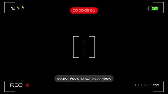 Video camera recorder screen overlay on transparent background. 4K video animation