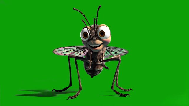 A quirky, detailed 3D animated fly character with large eyes performing a funny dance on a green background. Designed for easy chroma keying and high-quality video production.