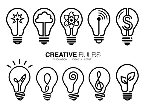 Creative Bulb Icon Set Representing Innovation, Ideas, Light, Science and Eco Concepts