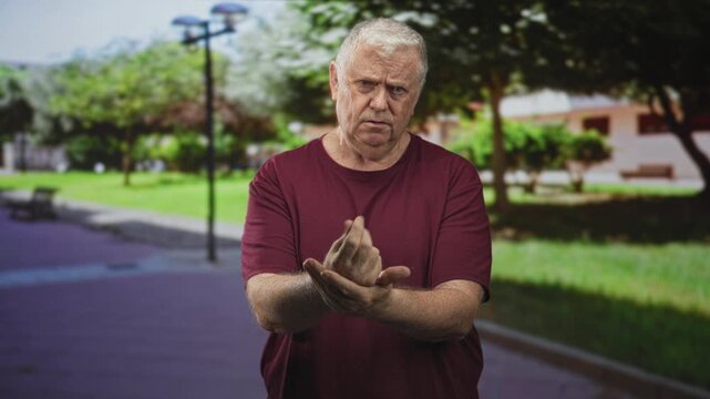 Senior man in maroon shirt rubbing hands and holding wrist on street pathway by lamppost and bench; discomfort aging.