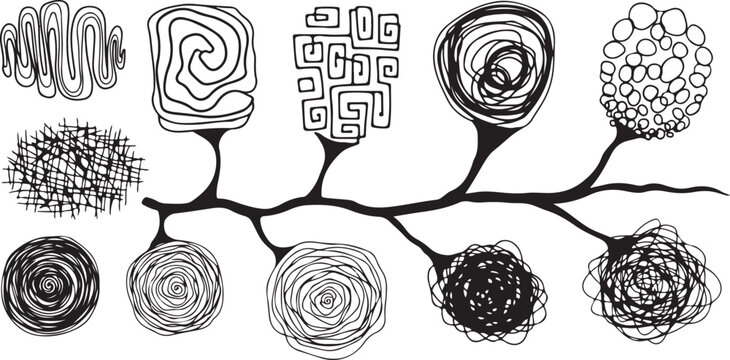 Hand drawn black ink abstract shapes and patterns on white background