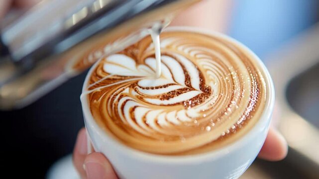 Skilled barista pours milk into a white ceramic cup creating intricate latte art a swirling feather design in a cozy coffee shop setting