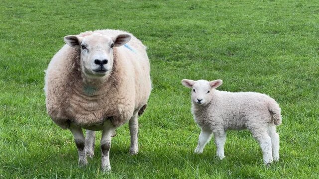 Mother sheep standing next to lamb 4K