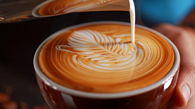 Skilled barista pours steamed milk into a cappuccino creating intricate latte art of a fern leaf design in a ceramic cup against a dark background