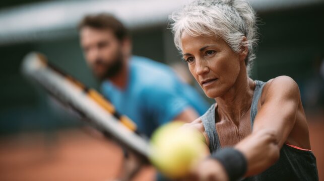 Adult tennis player practicing forehand stroke with coach guidance on a clay court main subject sharp while background blurs softly for focused training intensity.