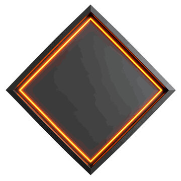 A dark, metallic diamond shape with a glowing orange neon outline