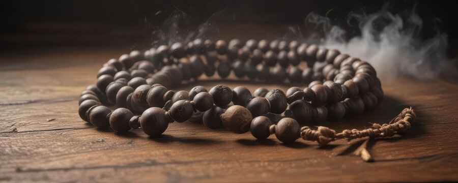 Ancient wooden prayer beads with wispy incense smoke,  spiritual,  relic