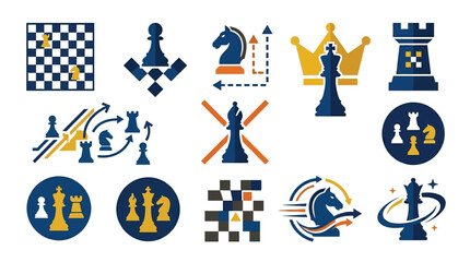Collection of stylized chess icons and graphics, featuring chessboards, pieces, and strategic elements. © tr
