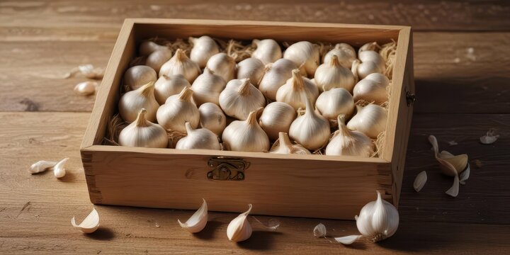 Aromatic wooden box filled with fresh garlic cloves ,  food,  herbs