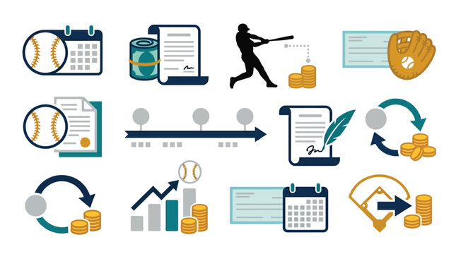 Collection of baseball-themed business and finance icons illustrating concepts like contracts, investments, and financial growth.