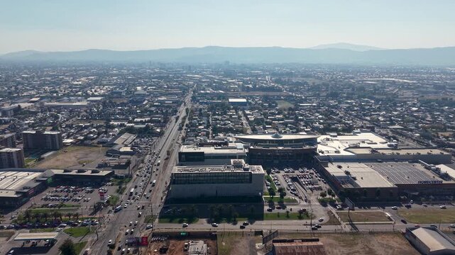 TALCA, CHILE - MARCH 27, 2026: Aerial view of the city's commercial district and urban landscape during a sunny afternoon.