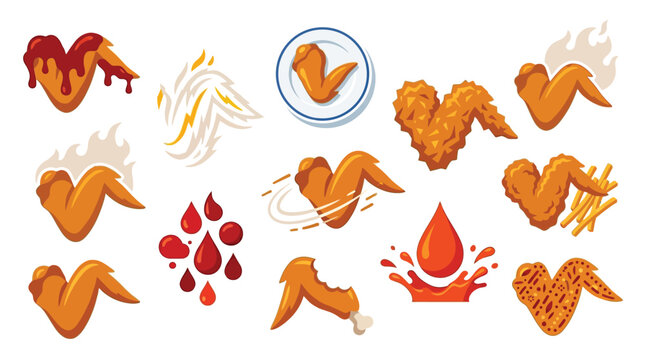 A vibrant collection of diverse chicken wing illustrations, showcasing various preparations, sauces, and accompaniments in a playful, graphic style.
