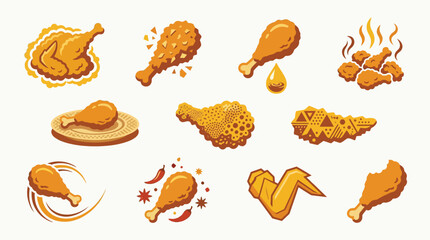 A vibrant collection of delicious fried chicken illustrations, showcasing various cuts and preparations, perfect for culinary themes. © tr
