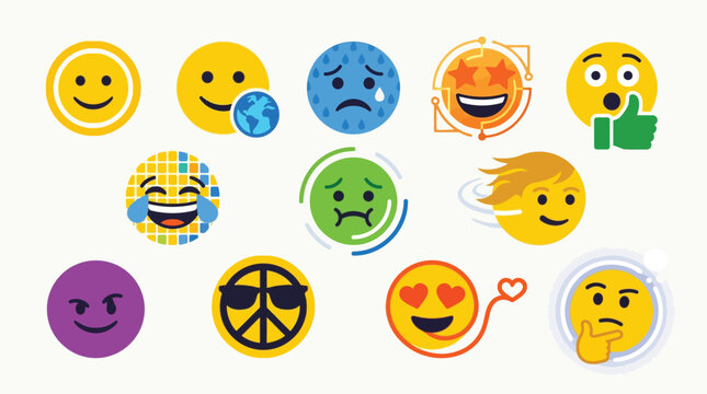 A vibrant collection of diverse emoji faces expressing a wide range of emotions and concepts, presented in a flat design style.