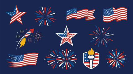 Obraz premium Collection of American patriotic symbols including stars, fireworks, flags, and a torch of liberty on a dark blue background.
