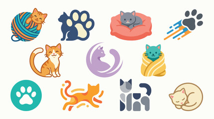 A collection of diverse and stylized cat icons, showcasing various artistic interpretations of felines in different poses and activities. © tr