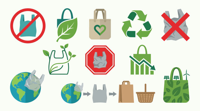 Collection of icons illustrating the negative impact of plastic bags on the environment and promoting eco-friendly alternatives.