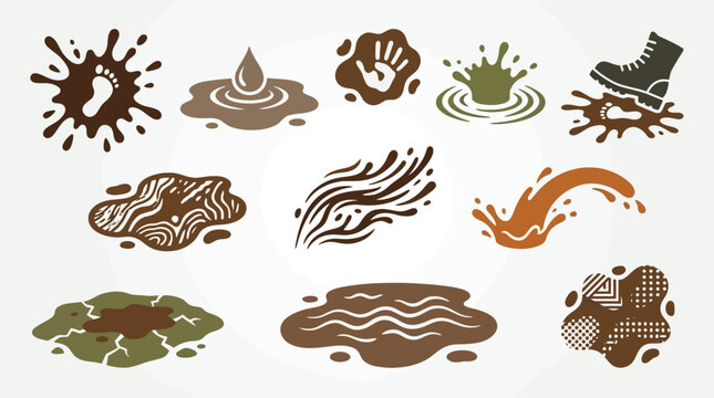 Collection of various mud splash and puddle illustrations, including footprints, handprints, and boot prints.