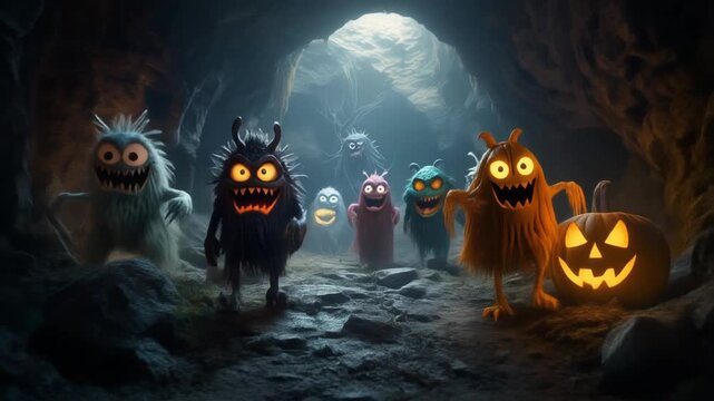 A group of colorful, cartoon-style monsters and creatures, with glowing eyes and sharp teeth, walking through a dark cave towards a full moon, surrounded by a jack-o-lantern on Halloween nig
