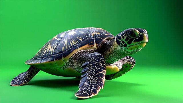 A detailed image of a sea turtle on a green background