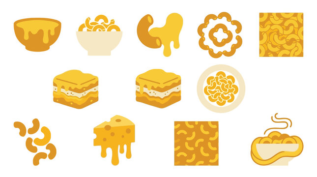 A vibrant collection of stylized illustrations depicting various forms of macaroni and cheese, showcasing different textures and presentations of this popular comfort food.