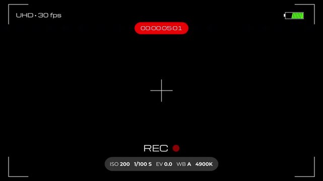 Digital camera recording interface overlay featuring timer, focus frame. 4K landscape format video with alpha channel.