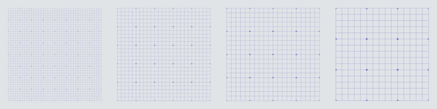 Square grid collection Star Line micro geometry, four samples blueprint style. Broken stroke lattice structure, interface layouts editorial planning sheets dashboards digital technology graphics.