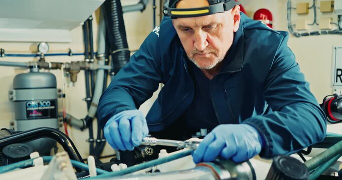 Mechanic Tightening Bolts in Engine Room