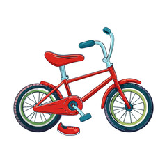 Fototapeta premium A bright red, cartoon-style bicycle with blue handlebars and seat