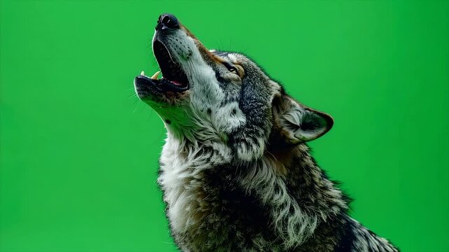 A wolf howls skyward against a vibrant green backdrop. The fur is detailed, revealing texture and color