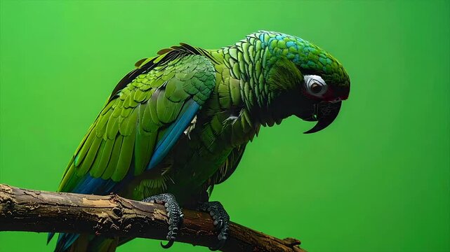 A vibrant green parrot perched on a branch against a solid green background