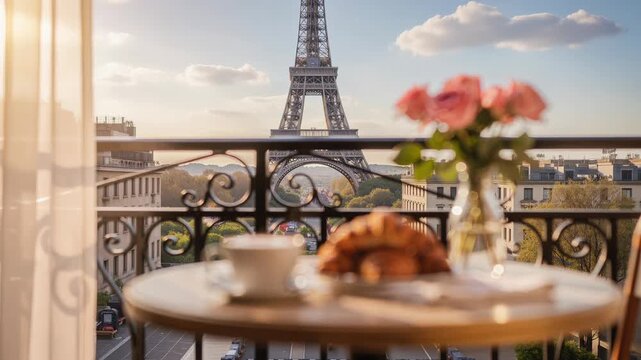 Romantic Paris balcony breakfast with Eiffel Tower view coffee croissant and pink roses in sunlight
