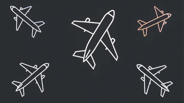 Airplanes in flight, white and copper line art icons on black background, minimalistic aviation symbols, vector graphics style