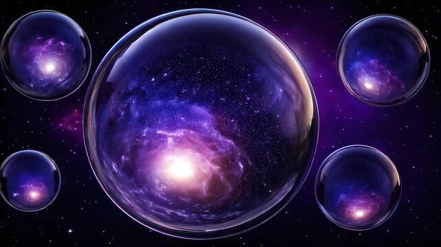 Spherical universes float in space, displaying swirling galaxies. Purple hues