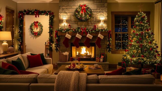 Cozy living room decorated for Christmas with lights stockings wreath and festive tree